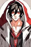 Placeholder: 18-year-old boy with black hair and a hairstyle with red-colored eyes in a medieval fantasy hoodie