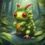 Placeholder: Kiwi Caterpie with green feathers and red Y horn, Type is Bug/Water, best quality, masterpiece, background forest, in zelda art style