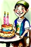 Placeholder: A cute smiling jewish boy with a kippah is sitting at a table, together with a lion and a birthday cake. Watercolour