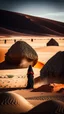 Placeholder: a woman in blood warring black in the desert surrounded by men and women through stones on her.