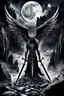 Placeholder: surreal dreamlike scene, stunning warrior fallen angel with sword, mystic gloomy, dark shadows and vertical pale light, stones, rocks, dark vibe, come strom , dark colors, , moon with black darkness, fog, detailed, spalh art, black and white art