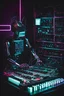 Placeholder: robot playing modular synthesizer in a dark neon room