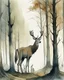 Placeholder: deer with antlers standing sideways, looking at viewer, water color painted, among tall simplified tree trunks, foggy