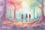 Placeholder: concept art water color style for teenagers in other planet having adventure two teenagers mystery weird cretures trees exiting colorful