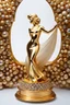 Placeholder: A magnificent cristal and gold heart-shaped sign adorned with a stunning berliant sphere encrusted with sparkling diamond clusters at its center, elegantly spinning in position,a golden Statue of a girl in standing pose,wearing 1960 clothing