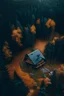 Placeholder: aerial view from wild destination with old cabin into a forest, is autumn and moody rainy day, photography details 4k