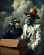 Placeholder: Bosch painting style, nightmare , a male chimpanzee with phone talking to a female chimpanzee with a white tuxedo suit and behind a boxs filledHillary great quality picture with cinematic scenes , heavy clouds in the background