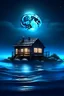 Placeholder: Create digital arts of house in the sea and Moon is shining and lights are glow on the surrounding