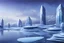 Placeholder: Futuristic buildings near frozen lake, science fiction, realistic painting