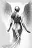 Placeholder: full body woman angel from back, angel wings coming through from her back skin, bun haired angel wearing long tunic ultra realistic drawing