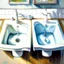 Placeholder: two white sinks, in one of them water is turning right and in the other lef, art, oil drawing, bright,