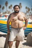 Placeholder: full figure shot photography of a tired chubby burly 38 years old ugly arab carpenter, tank top, big nose, tattoo, unshaved, short curly hair, manly chest, angry eyes, white boxer, open legs , at the beach in the sun, big shoulders, big tights, side light, ground view angle