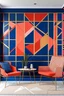 Placeholder: Create a handpainted geometric wall mural with intersecting quadrants in vibrant coral and navy blue. Employ quirky and dynamic typography for the quote, with accents of gold for added flair."