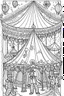 Placeholder: Coloring book page:: Circus: A whimsical illustration of a circus tent with acrobats, clowns, and a ringmaster:: high detail adult coloring book page thin black lines white background, 1 bit line art coloring book, only draw outlines, crisp, thick outlines, use up the entire screen, outline art, storybook illustration –no noise, book, logo, page, letters, words, markers, grayscale, –no black background –ar 3:4 –v 4