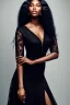 Placeholder: A portrait of a beautiful curvaceous black woman with long straight curly black hair, wearing a black lace dress with a deep v neck, sorceress, magical, ethereal, intricate, sharp lighting, misty. Painting, high quality, Ultra quality 8k.