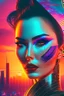 Placeholder: glamorous woman with a beautiful face holding a CHINESE paper fan up to the side of her face, hyperreal, Tron like city in background, sunset, cinematic cyberpunk synthwave