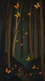 Placeholder: A brownish black murky rainforest at nighttime with butterflies painted by Paul Klee