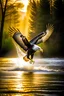 Placeholder: An image capturing a majestic eagle in flight, holding a large fish in its talons as it soars above a winding river. The sunlight glistens on the water below, and the eagle's powerful wings spread wide against the sky. The scene showcases the eagle's incredible hunting prowess and the dynamic beauty of the natural world.