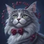 Placeholder: A Main Coon cat gray and white on a midnight blue velvet pillow and wearing a berry bow around her neck. Illustrative art, art interpretation, concept art, cgsociety contest winner, seasonal art, seasonal art HD, 4k, 8k, intricate, detailed, intricately detailed, luminous, translucent fantasy crystal, holographic data, soft body, shadow play, light, fog, atmospheric, cinematic, light film, hyper-detailed, hyper-realistic, masterpiece, atmospheric, high resolution, 8k, HDR, 500px, mysterious and