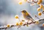 Placeholder: A beautiful colourful little bird catches a yellow berry with its beak while standing on a snowy branch in sunshine, ethereal, cinematic postprocessing, bokeh, dof