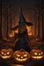 Placeholder: witch, Halloween atmosphere, curved pumpkins, candles, a forest with lights in the background