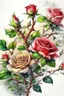 Placeholder: sketch, delicate drawing, watercolor painting, beautiful landscape, a branch of lush non-pink lace roses with buds, many large and small flowers, buds, different shades of color, pixel graphics, many details, sensuality, realism, high quality, decoration, hyperdetalization, professionally, filigree, hyperrealism, backlight, contrast, fantastic, fabulous, unreal, translucent, luminous, clear lines, light green, bluish background at the top, white edges