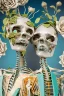 Placeholder: Surreal Couple Made Of Metal Skeletons With Flowering Vines Growing connecting the bones and wearing Blue Gray Green Striped Business Suits With Paisley Shirts And Ties; Surreal, Intricately Detailed, Beautiful, Colorful, award-winning, high definition, ultra-detailed