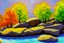 Placeholder: Sunny day, trees and rocks impressionism painting