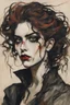 Placeholder: Painting of a Goth vampire girl, with highly detailed hair and facial features in the Expressionist style of Egon Schiele, Oskar Kokoschka, and Franz Marc, with fine ink outlining and muted natural colors