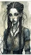 Placeholder: highly detailed, full body watercolor painting, petite goth girl with long dark braided hair, sharply defined angular facial features, anatomic perfection, by Andrea Kowch> <Yoji Shinkawa><N.C. Wyeth> <Jean-Giraud Moebius, saturated vivid natural summer color tones, precisely drawn and inked, 8k resolution