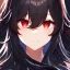 Placeholder: Clear focus,High resolution, black long fluffy hair, long fluffy bangs, red eyes, wearing a lab outfit, extreme close up, evil smile, front hair cover eyes