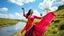 Placeholder: beautiful yaung lady is dancing and singing in country side next to narrow river ,flowers blosome pretty clouds in blue sky ,few nice trees
