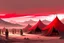 Placeholder: painting, landscape, artistic, illustration, black desert, black sand, bleak, pale red sky, large bustling camp, tigtly packed leather tents, vereshagin style