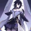 Placeholder: Clear focus, High resolution, rough line sketch art, long black hair, hair between eyes, fluffy hair, purple eyes, wearing a off shoulder shirt, no spaghetti strapes, dark aura, 1girl, wearing a skirt, genshin impact