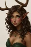 Placeholder: A female fantasy druid with antlers, olive toned skin, long brown curly hair, green eyes. Quirky face