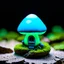 Placeholder: "Close up of a wonderful tiny Mushroom Tower home. blue and green with bright white, deep black and contrasting tones of gray. Illuminated bioluminescent forest. Professional painter, master at composition. small but detailed. broken, blurred background, voluminous lighting"