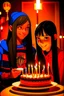 Placeholder: spiderman into the spider verse tarzı 17 yazan mum ile doğum günü kutlayan 2 kız birinin saçı kısa karakterlerin görüneceği kadar aydınlık soldaki kızın saçı daha kısa yüz ifadeleri değişsin çizgi roman tarzı gölgelendirme yüz ifadeleri değişsin sadece 2 kişi pasta ortalansın