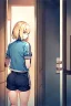 Placeholder: blonde girl with short jacket and shorts runs in a corridor in front at a mistery door, back view, line arts, manga style