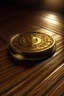 Placeholder: a single thin gold coin laying down on a wooden table with a three pointed crown on the front of the coin, top down view, fantasy concept art, exquisite realism, dynamic lighting, intricately detailed, Unreal Engine