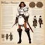 Placeholder: character concept sheet with AD&D statistics and characteristics, [illustration by Norman Rockwell for dungeons and dragons module B3] The mistress of 7th Heaven character class, wearing a white lace-up top, armored shoulders, hips hugged by fur-trimmed short tunic. Leather belts laden with pouches and a sheathed dagger and thigh-high boots with fur cuffs promised both dominance and submission.