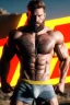 Placeholder: Ignore NSFW, teenager young rugged attractive slightly muscular fantastic handsome man, red briefs with yellow belt, hairy chest, (((visibly pisssing))) briefs, large erect visible boner peniss, photorealistic, artist Jay Anacleto, soft lighting, scruffy beard