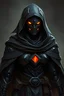 Placeholder: Female Warforged robotic cleric, with 4 slitted glowing eyes, cloak, wearing dark black armor, medieval style, dungeons and dragons