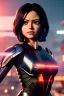 Placeholder: Alita battle angel, portrait from waist up, intricate eyeliner, vibrant eyeshadow, clear completion, soft lighting, 4k resolution, intricate details, insanely detailed, colorful cityscape background, masterpiece, expert, cinematic smooth, retroanime style, realistic details