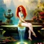 Placeholder: Hyperdetailed oil on canvas, young robyn lively sits by the ornate fountain, goldfish pond, lotus, detailed face, long red curly hair; by gaspar camps, maxfield parrish, alphonse mucha, cyril rolando, dan mumford; luminous colorful sparkles, glitter, airbrush, octane render, volumetric lighting, 16k