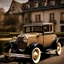 Placeholder: an oldtimer Ford model A from 1931 with a spare tire at the back, high bodywork sepia color drives on an old-fashioned square with mansions on either side, Award winning photography illustration dynamic lighting 8k, award winning fantastic view portrait, colourful Nikon850