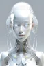 Placeholder: front view or a girl robot, minimal little crystals on the head, transparent, futuristic design, sculptural costume, pale palette colors, luminous and dreamlike scene, photorealistic, resin, barbiecore