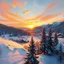 Placeholder: Impressionist landscape painting. Wide angle shot. majestic winter sunset over the serene snowy town, with woods and mountains in the distance. Low angle shot. Dreamy, expressive brushstrokes, by Jeremy Mann and Carne Griffiths. Warm golden light dancing across the snow pack. Fir trees silhouetted against the vibrant orange sky. Golden hour glow with hues of pink and purple. Best quality, highly detailed, captivating atmosphere. Impressionist masters,