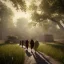 Placeholder: Three men in long hooded robes striding towards a tent in the shade of oak trees at afternoon