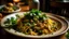 Placeholder: Plate of pasta, with fresh herbs and spices, sitting on a restaurant table