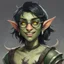 Placeholder: dnd, portrait of cute young orc-elf hybrid femboy, black hair, short hair, curled hair, hair covering one eye, emo hair, round glasses, tusks, sharp teeth, yellow eyes, flat chest, mage, magic, nose ring, pierced ears, twink, smile, sharp teeth, green skin, round face